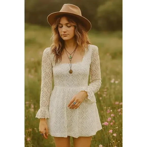 chinese dress ladies Boho Lace Ivory Wedding Dress with Flared Short Sleeve main image 1